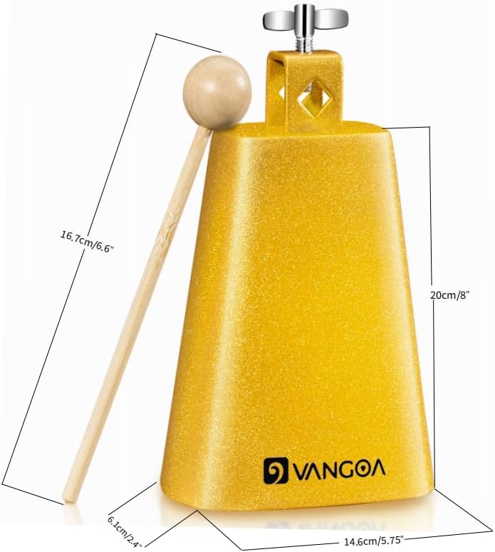 Vangoa 8 Inch Steel Cowbell with Sticks Cheering Bell for Sports Events Large Solid School Bells & Chimes Percussion Musical Instruments Call Bell Alarm, Gold - Image 3